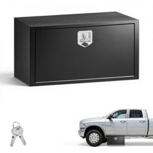 Alustaan asennettava työkalulaatikko kuorma-autoon, 914 × 457 × 457 mm, teräksinen säilytyslaatikko lukolla ja avaimilla, musta