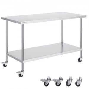 Ruostumattomasta teräksestä valmistettu työpöytä 762 x 1524 x 955 mm, 4 pyörää, 3 säädettävää korkeustasoa, hopea