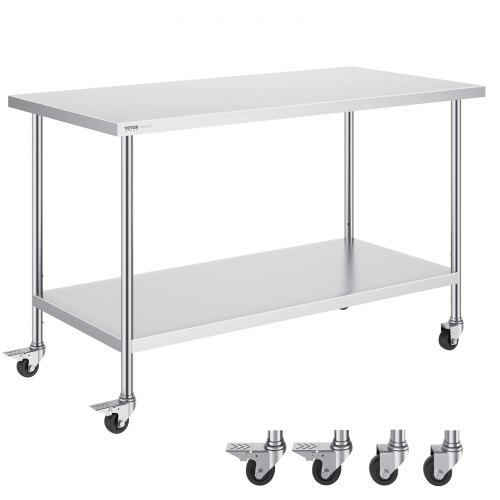 Ruostumattomasta teräksestä valmistettu työpöytä 762 x 1524 x 955 mm, 4 pyörää, 3 säädettävää korkeustasoa, hopea