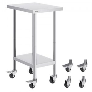 Ruostumattomasta teräksestä valmistettu työpöytä, 610 x 457 x 955 mm, 4 pyörää, 3 korkeussäätöä, hopea