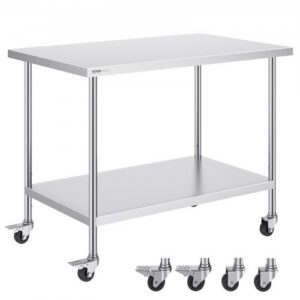 Ruostumattomasta teräksestä valmistettu työpöytä 762 x 1219 x 955 mm, 4 pyörää, 3 säädettävää korkeustasoa, hopea