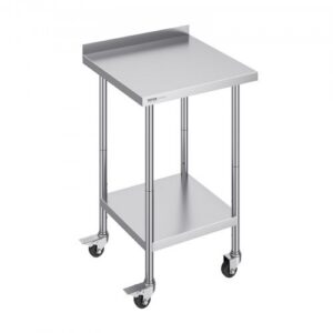 Ruostumattomasta teräksestä valmistettu työpöytä 610 x 610 x 1006 mm, pyörillä, säädettävä korkeus