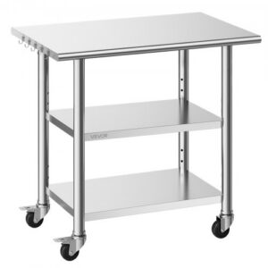 Ruostumattomasta teräksestä valmistettu työpöytä 610 x 915 mm, 2 hyllyä ja pyörät