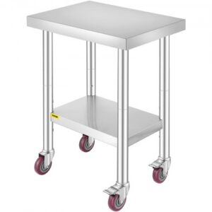 Ruostumattomasta teräksestä valmistettu työpöytä 610 x 450 x 860 mm, kantavuus 318 kg, 4 pyörää, 3 korkeustasoa, hopea