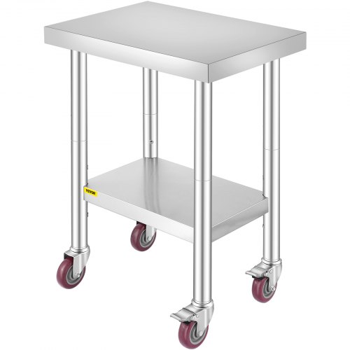 Nerūsējošā tērauda darba galds 610 x 450 x 860 mm, nestspēja 318 kg, ar 4 riteņiem, 3 augstuma līmeņiem, sudraba krāsā