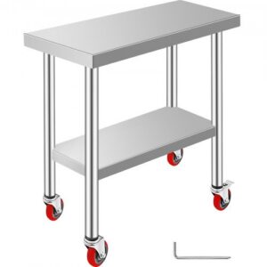 Ruostumattomasta teräksestä valmistettu työpöytä, 762 x 305 x 864 mm, kantavuus 318 kg, 4 pyörää ja 3 korkeustasoa