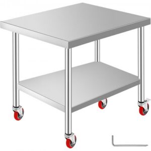 Ruostumattomasta teräksestä valmistettu työpöytä, 910 x 760 x 860 mm, kantavuus 318 kg, 4 pyörää