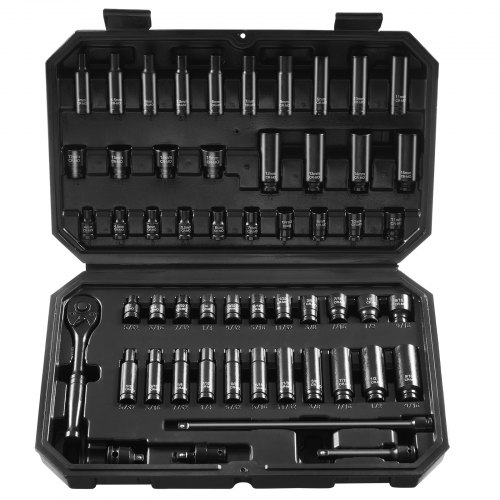Triecienuzgaļu komplekts, 55 daļu, 6 mm piedziņa, dziļie un seklie uzgaļi, SAE 5/32–9/16 un 4–15 mm, CR-V