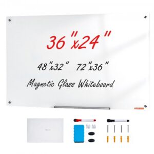 Magnetiline klaasist tahvel, kuivkustutatav 900 x 600 mm, valge raamita klaastahvel, alusega, kustutuskummi ja 2 markeriga