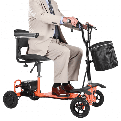4 ratų sulankstomas elektrinis mobilumo vežimėlis su 48 V ličio baterija, iki 120 kg, oranžinis