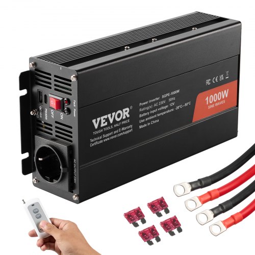 Grynos sinusinės bangos inverteris 1000 W, 12 V DC į 230 V AC, 2 AC lizdai, 2 USB, 1 USB-C, nuotolinis valdymas