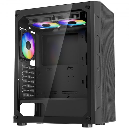 Vidutinio dydžio PC žaidimų korpusas, grūdinto stiklo panelė, 3 x 120 mm ARGB ventiliatoriai, iki 320 mm GPU