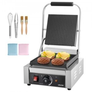 Komercinis panini grilis 1800 W, nerūdijančio plieno sumuštinių presas su temperatūros kontrole, 22 x 23 cm
