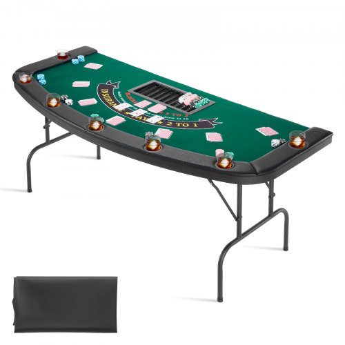 Taitettava pokeripöytä 7 pelaajalle, 1830 mm, puolisoikea pelipöytä pehmustetuilla reunuksilla ja mukitelineillä