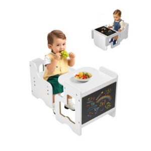 Montessori 3 viename medinis staliukas ir kėdžių rinkinys vaikams, su lenta, reguliuojamo aukščio, baltas