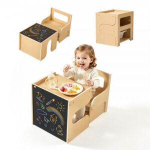 Montessori nujunkymo stalas ir kėdė vaikams, medinis, 1–5 metų, su juodąja lenta ir laikymo vieta