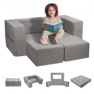 4 dalių modulinė vaikiška sofa-sėdynė, sofa-lova, pilka