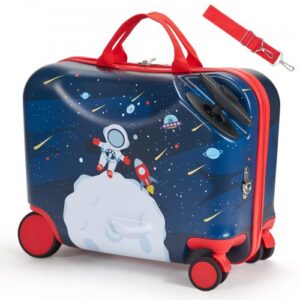 Ajettava lasten matkalaukku, 26 l, 47 cm, pyörillä vedettävä käsimatkatavara, sininen ja valkoinen