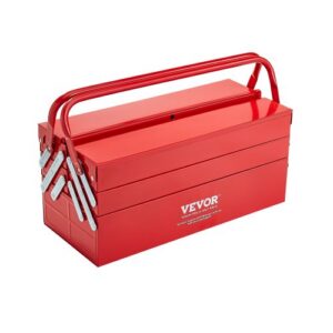 Metallinen työkalulaatikko, 45,7 cm, 3 tasoa, 5 tarjotinta, kannettava taittuva laatikko kahvalla ja lukonreiällä, punainen