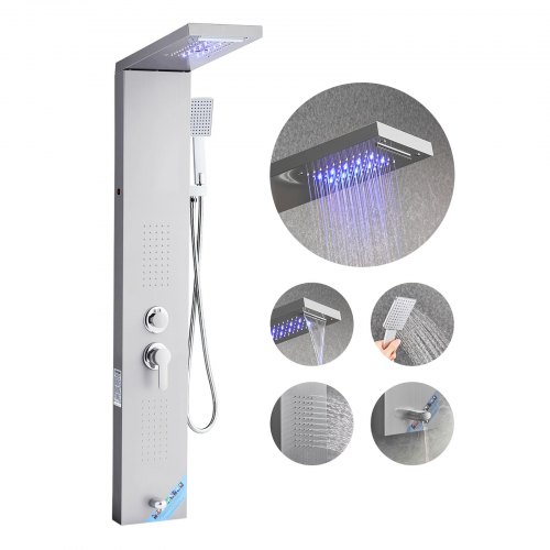 Dušo panelės bokštas su lietaus ir krioklio galvute, LED, 1345 mm šlifuoto nerūdijančio plieno, 5 funkcijų maišytuvas