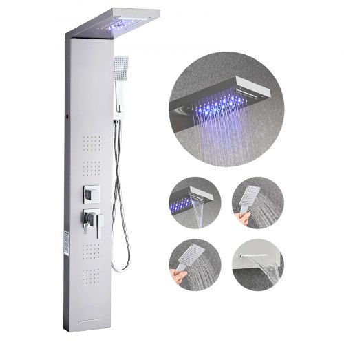 Dušo panelės bokšto sistema su lietaus ir krioklio galvute, LED, 1345 mm šlifuotas nerūdijantis plienas