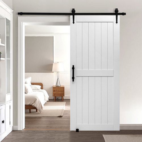 Bīdāmās šķūņa durvis , baltas, MDF un koks, 91 x 213 cm, ar furnitūras komplektu
