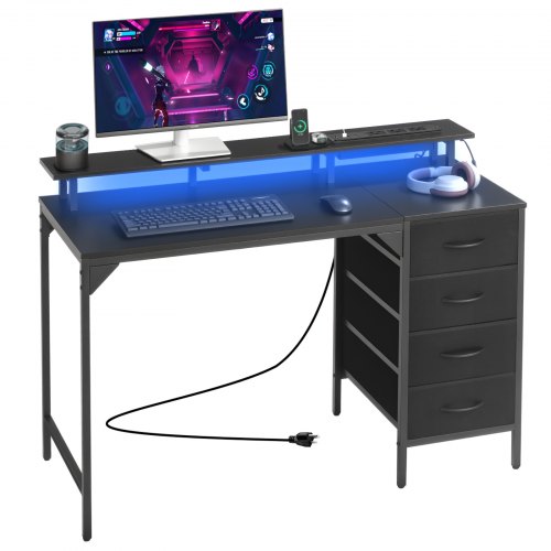 120 cm kompiuterinis stalas su išmaniomis LED lemputėmis ir maitinimo lizdais, juodas