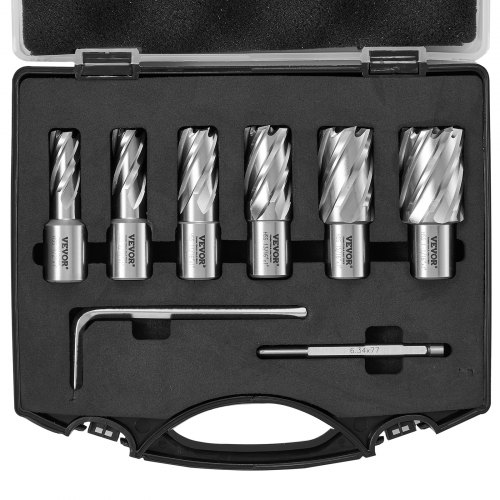 6-osainen rengasporasarja, Weldon-varrella varustetut magneettiporanterät, 25 mm:n leikkuusyvyys, 12, 7 mm:stä 26