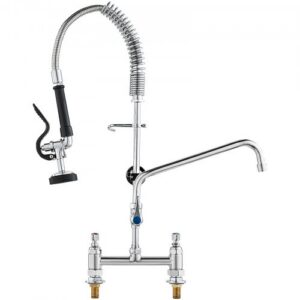 Tirdzniecības jaucējkrāns ar priekšskalošanas smidzinātāju, 66 cm augstums, 20,3 cm centrs, 30,5 cm grozāms snīpis