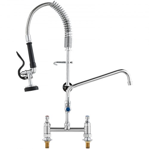 Tirdzniecības jaucējkrāns ar priekšskalošanas smidzinātāju, 66 cm augstums, 20,3 cm centrs, 30,5 cm grozāms snīpis
