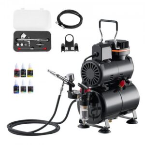 Airbrush komplekt, 1/6 hj, kompressori ja paagiga, 1 kahetoimeline professionaalne airbrush kolme otsikuga, akrüülvärviks