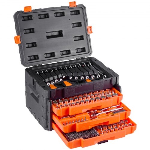 Mechanikų įrankių rinkinys XL3265A, 450 vnt., su dėklu, juoda / oranžinė
