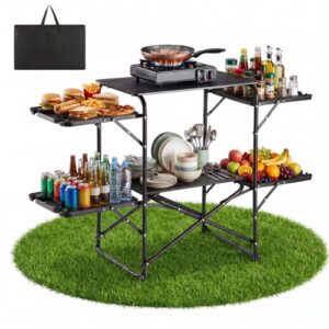 Stovyklavimo virtuvės stalas 13045, sulankstomas, su 4 šoniniais staliukais, 130 x 45 x 90 cm