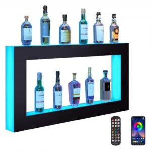 LED apgaismots dzērienu pudeļu plaukts, kvadrātveida 121 cm, pie sienas stiprināms akrila plaukts 24 pudelēm