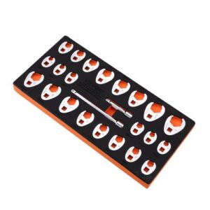 24-osaline harkvõtmete komplekt, 2 pikendusvarrast, SAE 3/8"-1" ja meetermõõdustik 10-22 mm, Cr-Mo teras