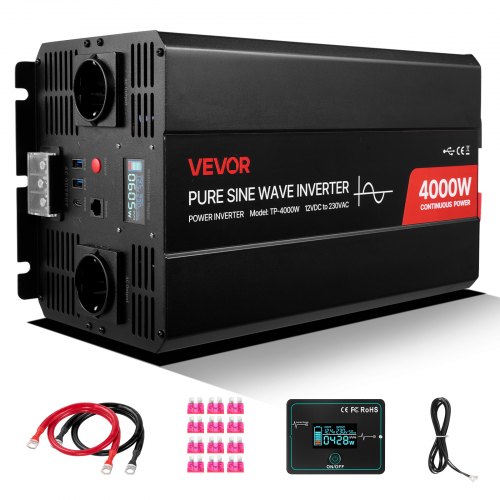 4000 W tehomuunnin, 12 V DC - 230 V AC puhdas siniaaltoinvertteri, LCD-näytöllä, kaukosäätimellä, 2 USB-portilla