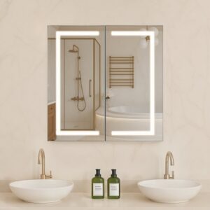 Veidrodinė vonios spintelė su LED CAD-304, 65 x 65 cm, montuojama į sieną arba ant sienos