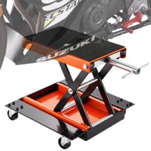 Motociklo ir ATV keltuvas, žirklinis domkratas su vežimėliu, 499,5 kg, plati platforma, rankinė rankena