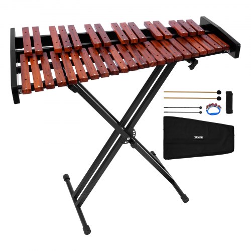 Ksilofonas-glockenspiel , 37 natų, medinis, su reguliuojamo aukščio stovu, 4 lazdelėmis ir nešiojimo krepšiu