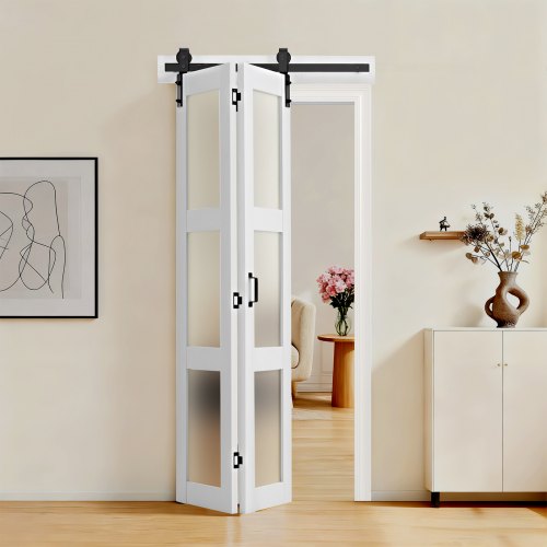 Kaksiosaiset ladonovet, 914 x 2134 mm, MDF ja karkaistu lasi, valkoinen