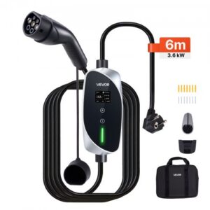 3,6 kW 16A Type 2 kaasaskantav EV-laadija, ühefaasiline laadija 6 m laadimiskaabliga, Schuko 16A pistik, LCD, IP66 juhtplokk