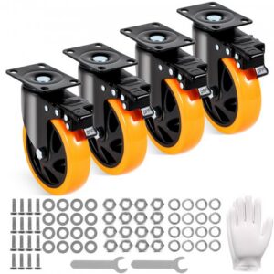 4-osaline pöörlevate kinnitusplaadiga rattakomplekt, 127 mm PVC rattad, lukustusega, 204 kg kandevõimega ühe ratta kohta