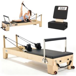 Pilates reformer, puidust treeningseade koju ja stuudiosse, istumiskastiga, kuni 181 kg