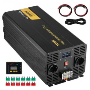 Puhas siinusinverter 5000 W, DC 12 V kuni AC 230 V, LCD-ekraan, USB-pesa, kaugjuhtimispult