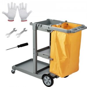 3 riiuliga kommertspuhastusvanker, 90,7 kg kandevõimega, 94,6 l PVC kotiga, 120 x 51 x 98 cm, kollane ja hall