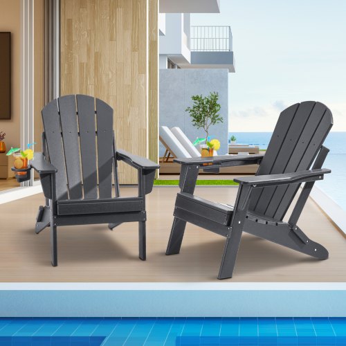 Plastikinės Adirondack kėdės, 2 vnt., sulankstomos, pilkos, su puodelio laikikliu