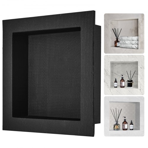Suihkuseinäsyvennys laatoitusta varten, 40,64 x 40,64 cm, yhdellä hyllyllä, musta