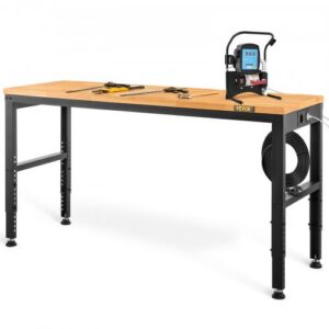 Reguleeritava kõrgusega töölaud, 122 cm x 61 cm, 900 kg kandevõimega, pistikupesadega, tammepuidust pealispinna ja metallraamiga