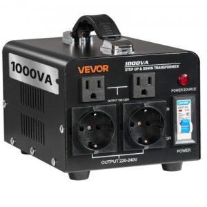 Jännitemuuntaja, 1000 VA, 110 V - 220 V ja 220 V - 110 V, USA- ja EU-pistokkeilla