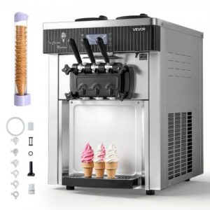 Komerciāla mīkstā saldējuma mašīna, 20–28 l/h, 2200 W, 3 garšas, galda modelis